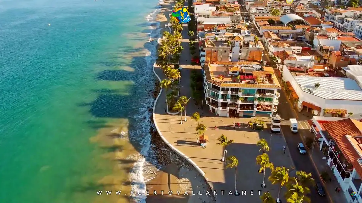 Downtown Puerto Vallarta drone view of Galeana street and the boardwalk/malecon