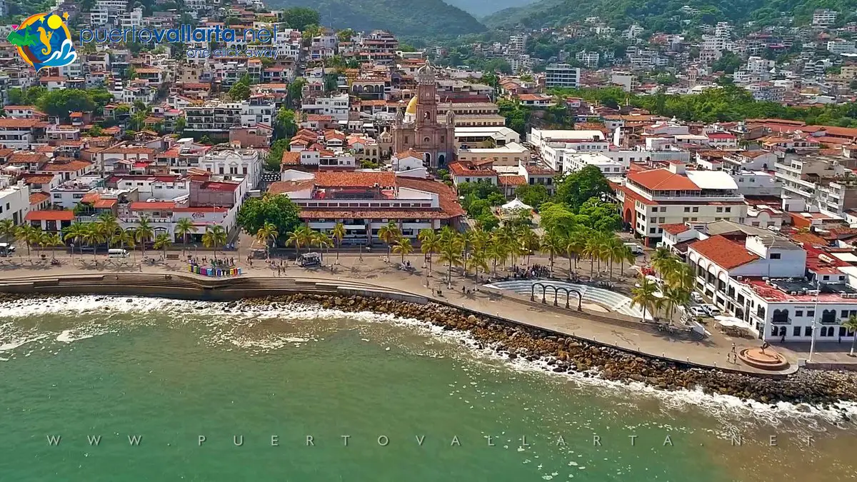 Puerto Vallarta Malecon/Boardwalk, view of the Parish and the Main Square