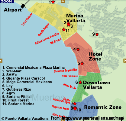 Map of the supermarket locations in Puerto Vallarta