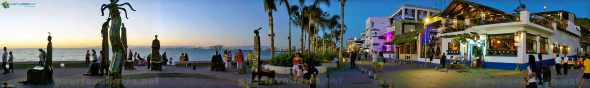 View of the malecon in downtown Puerto Vallarta by the Roundabout of the Sea
