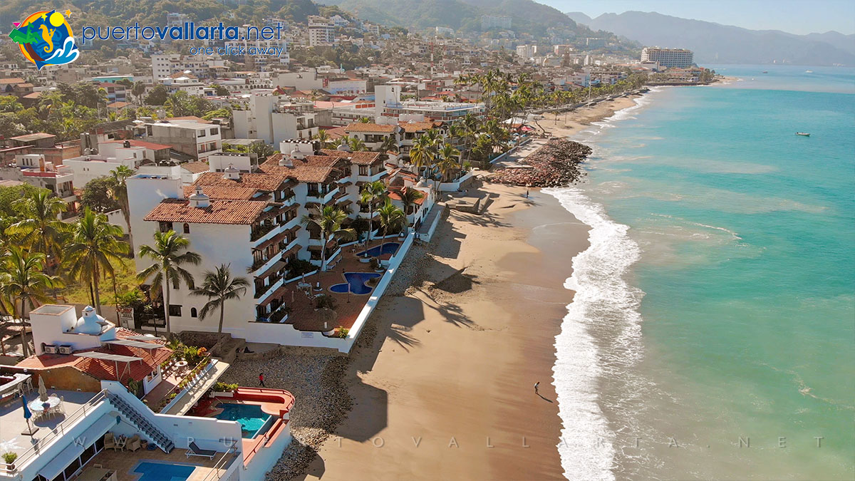 Camarones Beach, drone view looking south, downtown Puerto Vallarta