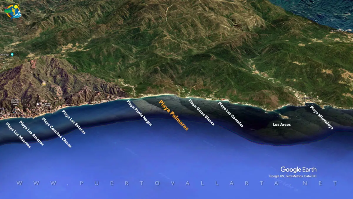 Playa Palmares (norte a la izq.; sur hacia la derecha), Zona Sur, Puerto Vallarta