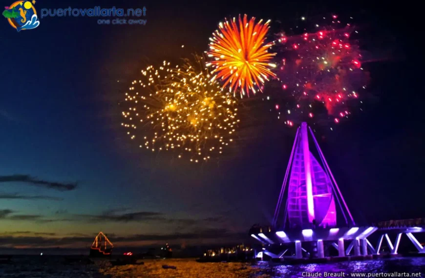 Fireworks over Banderas Bay during Puerto Vallarta anniversary celebration