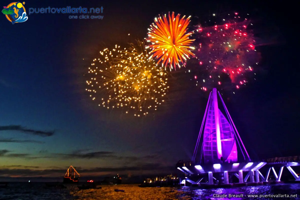 Fireworks over Banderas Bay during Puerto Vallarta anniversary celebration