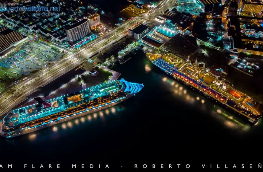 Cruise ships docked at Puerto Vallarta’s maritime terminal at night