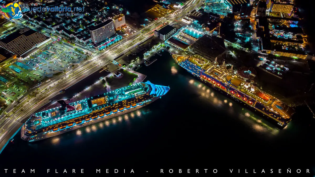 Cruise ships docked at Puerto Vallarta’s maritime terminal at night