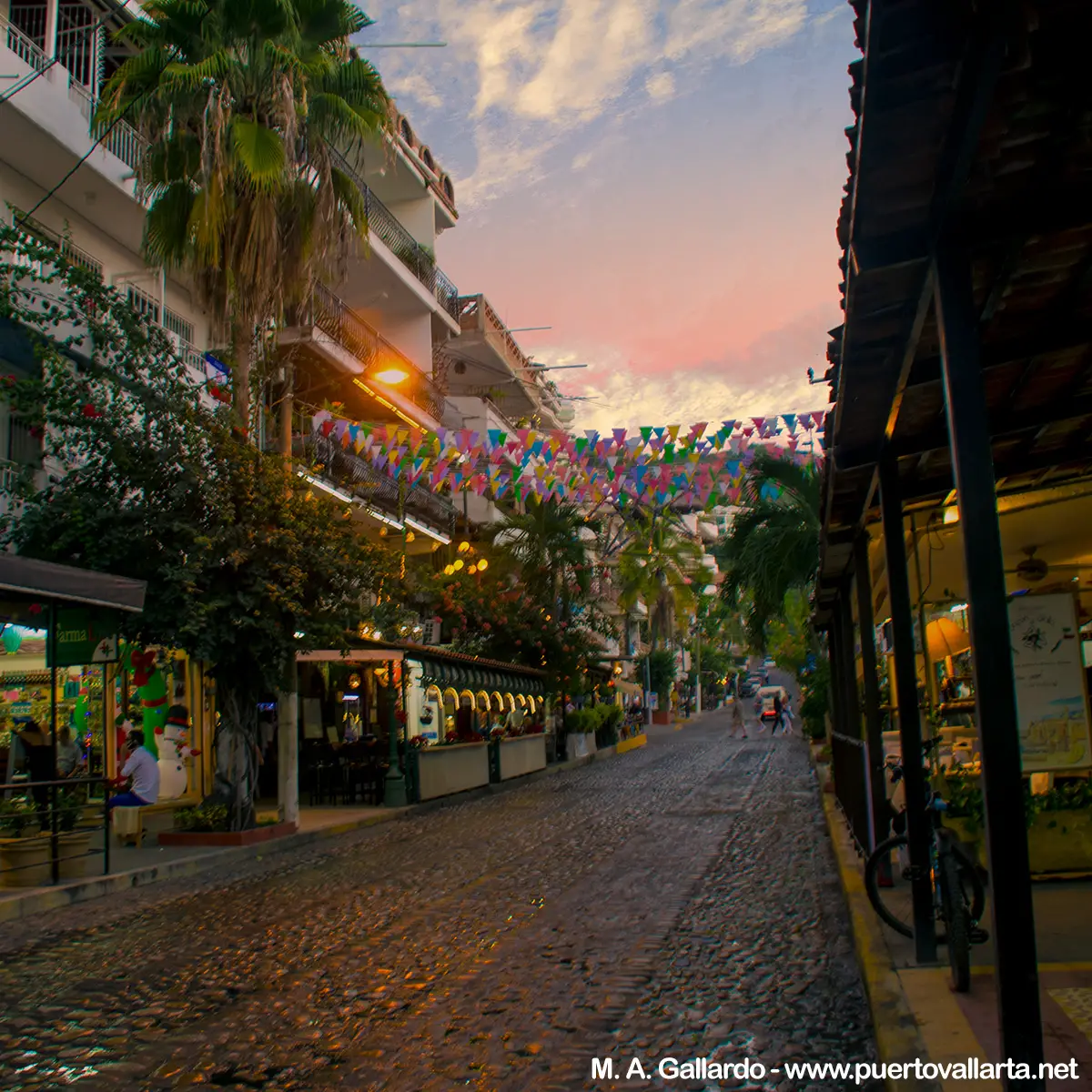 Small square on Olas Altas street at night