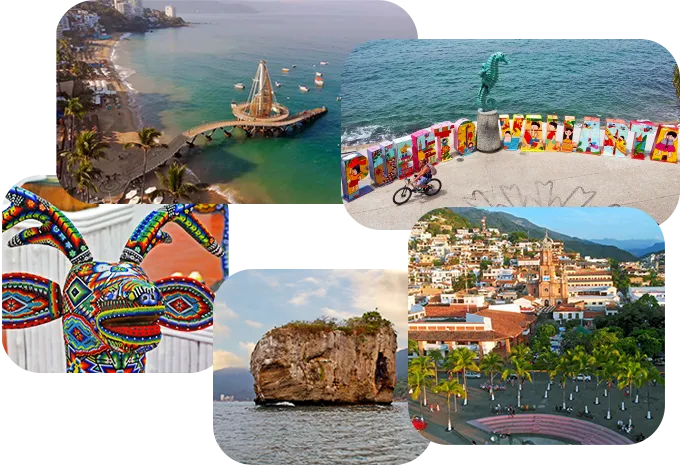 Puerto Vallarta Photo Collage: Los Muertos Pier, el Malecon, The Parish, Los Arcos and Huichol Art