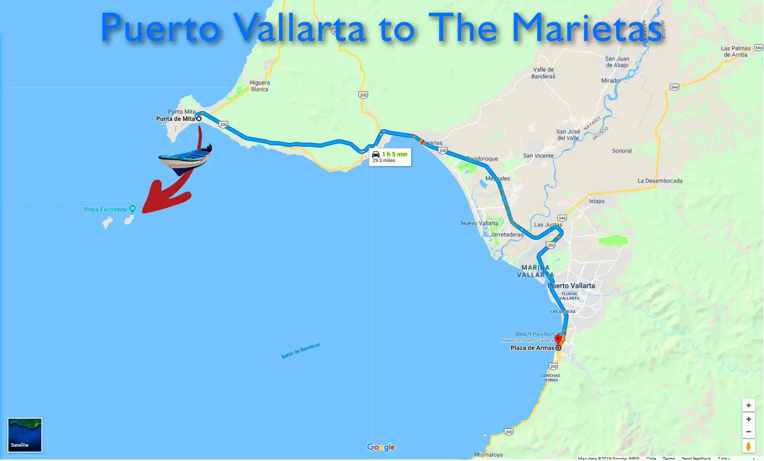 Map of the route from Puerto Vallarta to the Marietas Islands