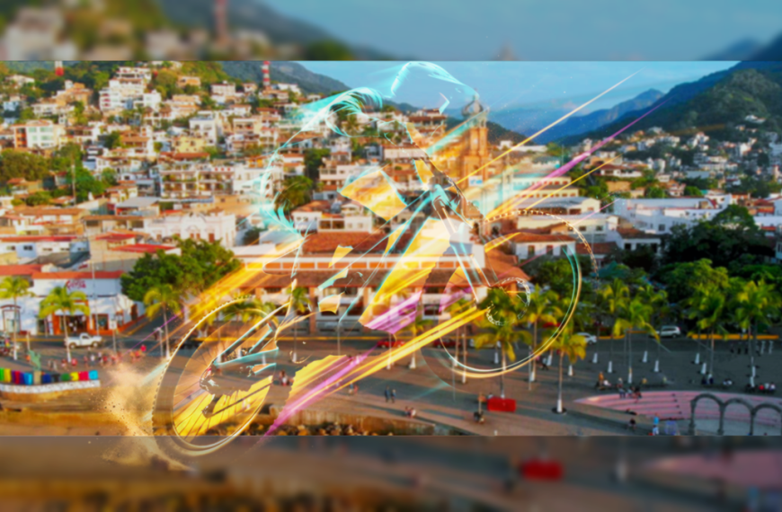 Abstract downhill bike rider over a blurred real Puerto Vallarta Malecon background