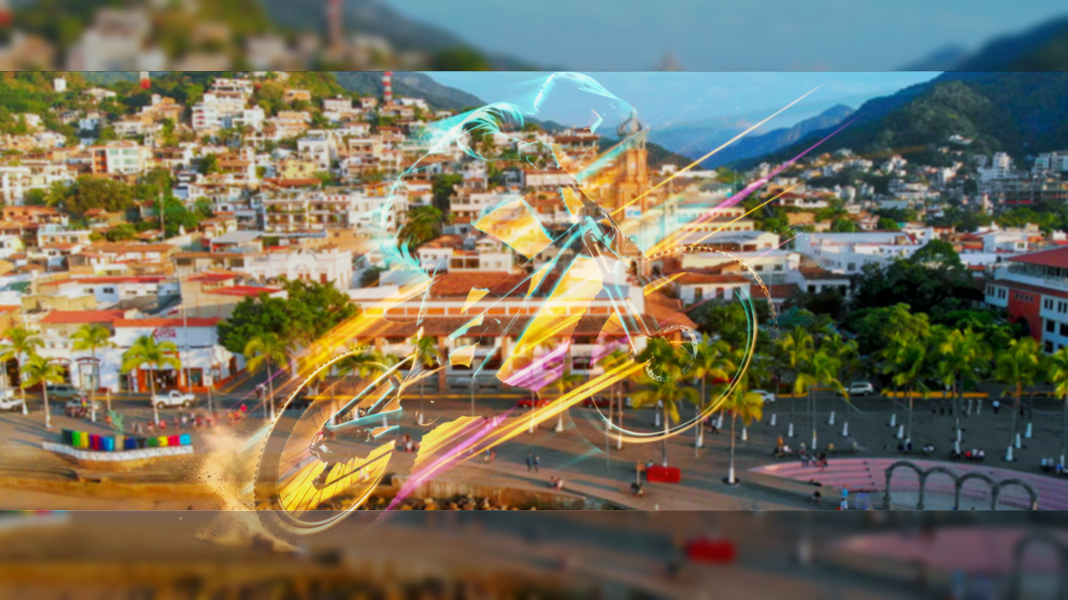 Abstract downhill bike rider over a blurred real Puerto Vallarta Malecon background