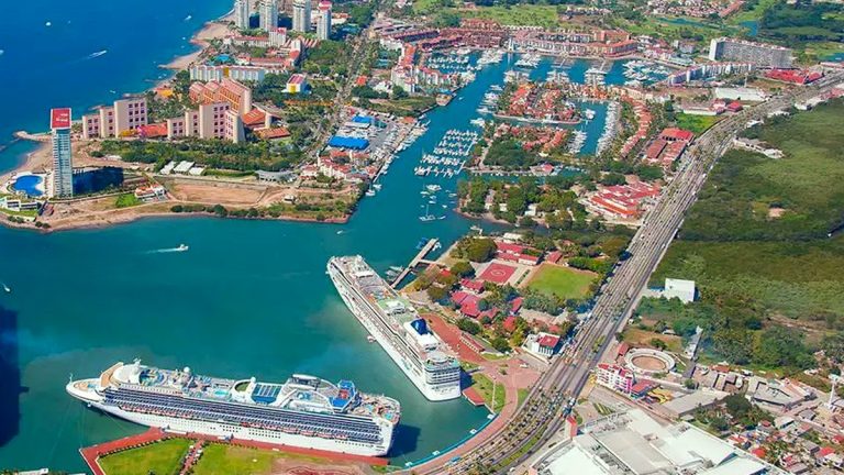 Aerial view of cruise ships docked at Puerto Vallarta cruise port near Marina Vallarta