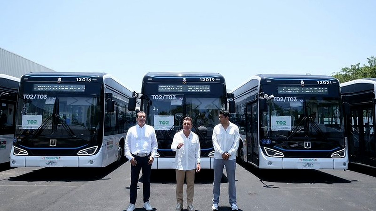 Electric buses lined up for the launch of Puerto Vallarta electromobility service