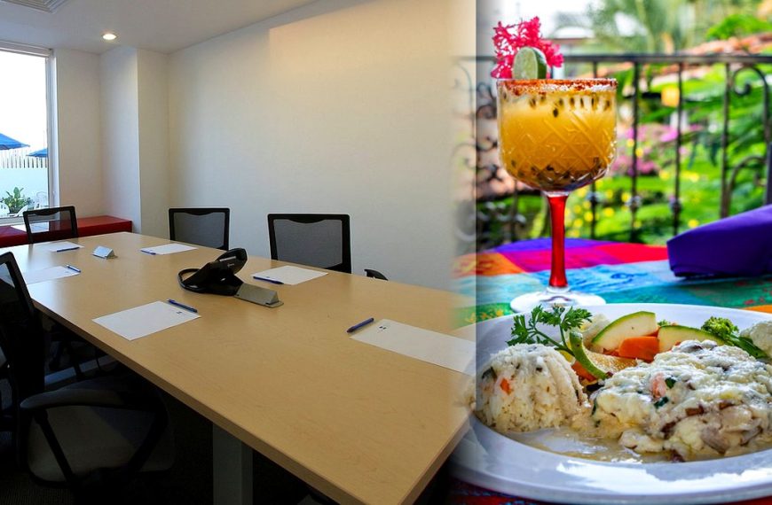 Puerto Vallarta meeting room and restaurant table representing a Latin American food safety congress for the hospitality sector