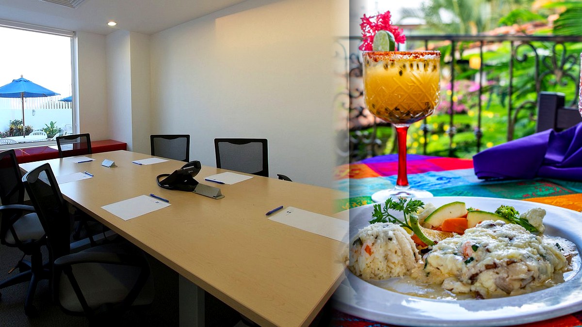 Puerto Vallarta meeting room and restaurant table representing a Latin American food safety congress for the hospitality sector