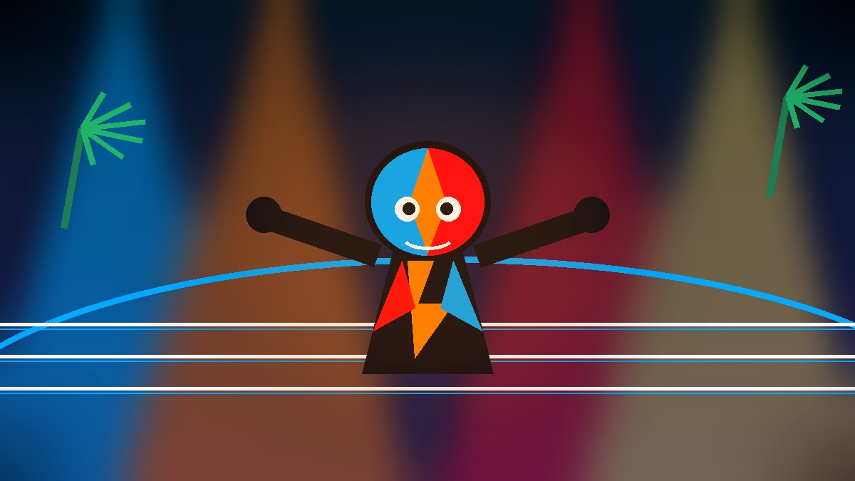 Abstract Puerto Vallarta lucha libre event hero with a colorful masked wrestler silhouette under arena lights