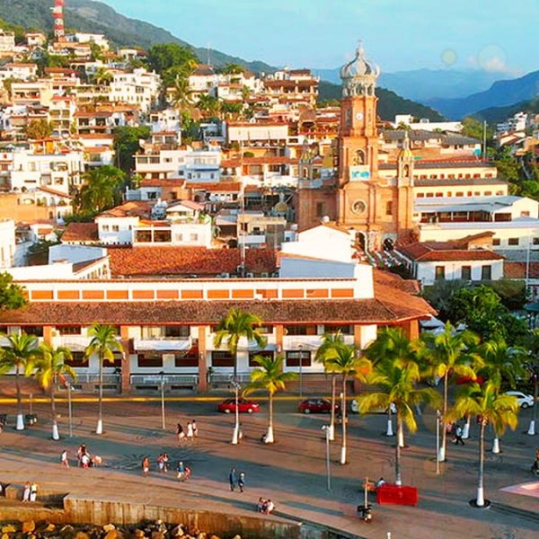 Downtown Puerto Vallarta Centro, parish, and Malecón waterfront at golden hour