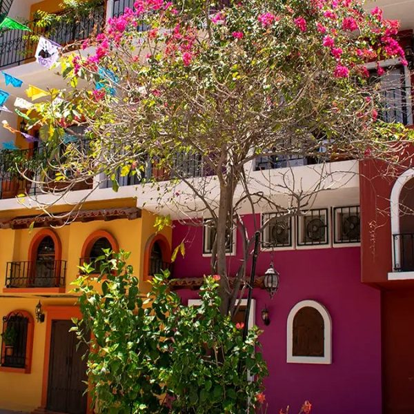 Colorful buildings and papel picado on a Puerto Vallarta street during festival season