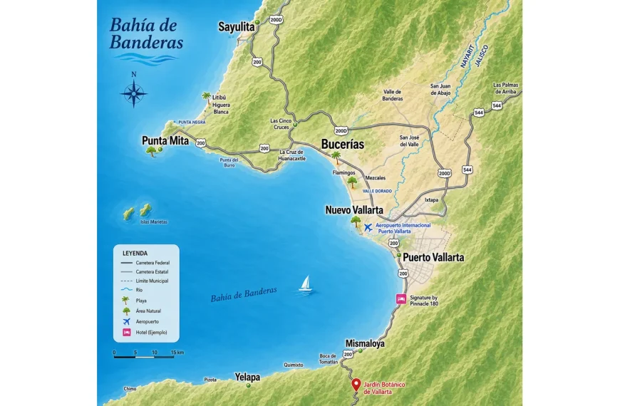 Banderas Bay orientation map showing Puerto Vallarta, the airport, hotel areas and nearby coastal destinations