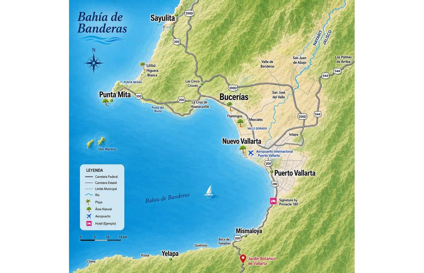 Banderas Bay orientation map showing Puerto Vallarta, the airport, hotel areas and nearby coastal destinations