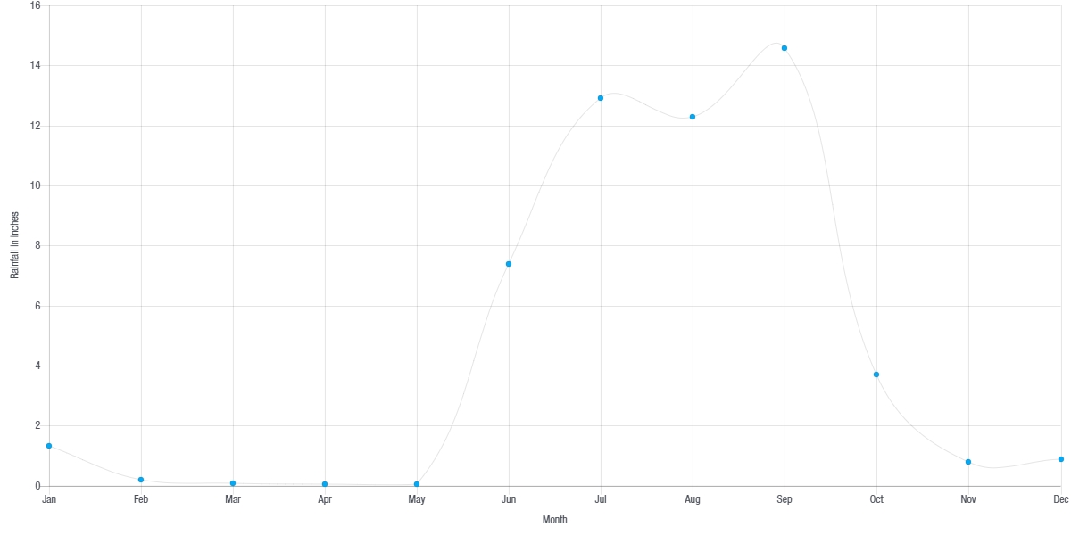 Chart of average monthly rainfall in Puerto Vallarta in inches