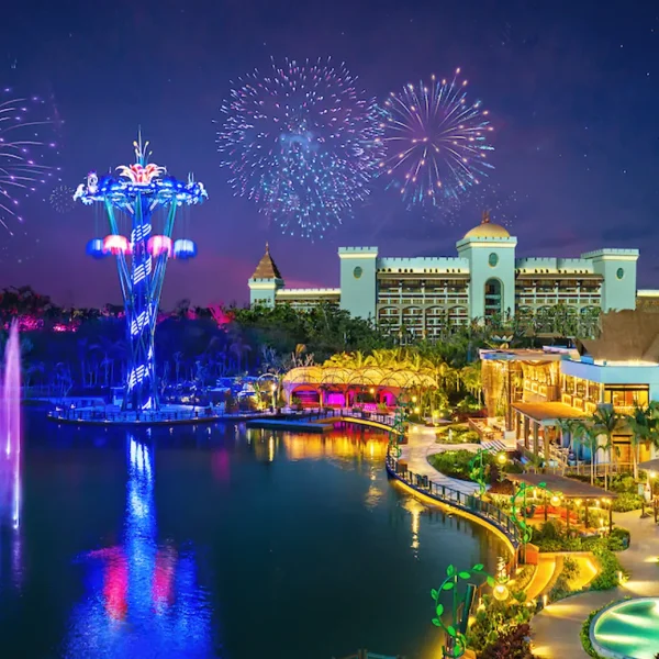 VidantaWorld resort entertainment area illuminated at night in Nuevo Nayarit