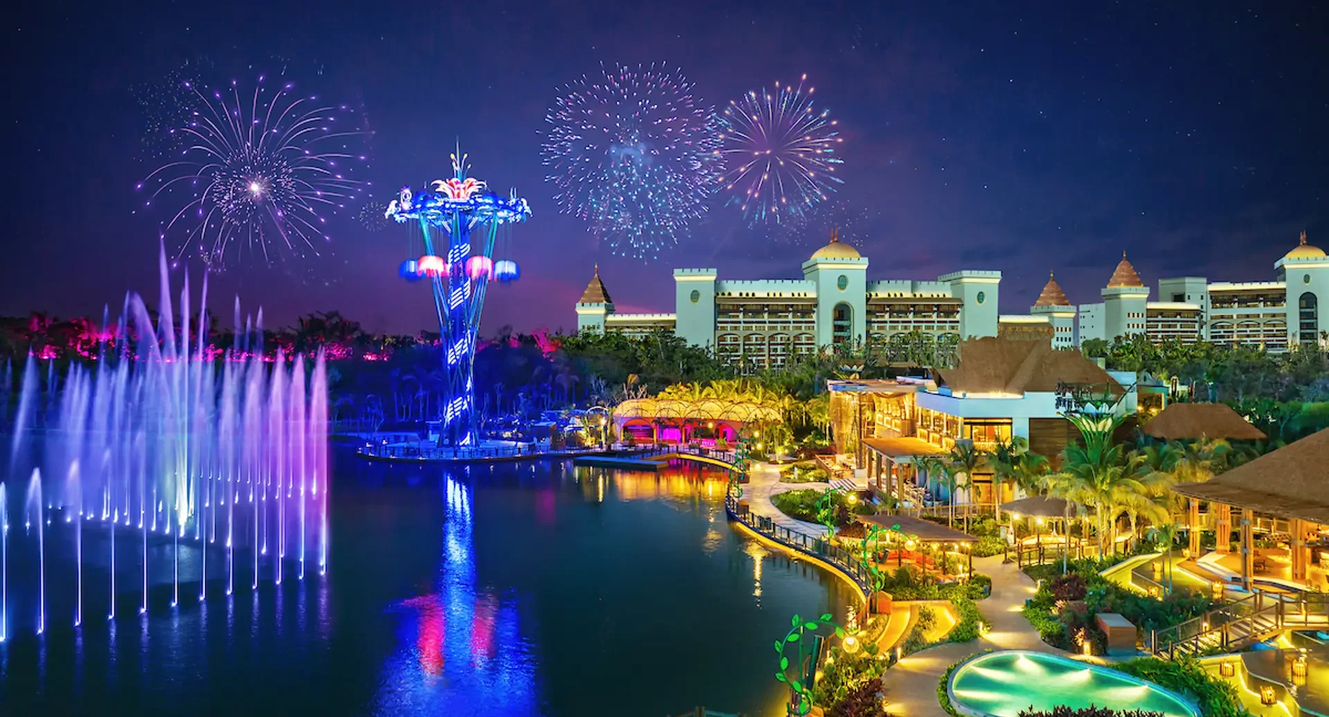 VidantaWorld resort entertainment area illuminated at night in Nuevo Nayarit